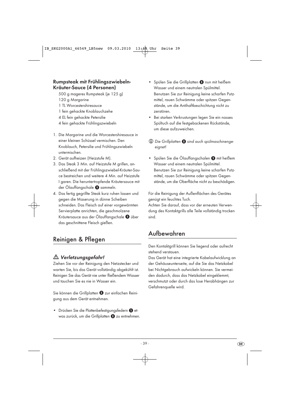 Reinigen & pflegen, Aufbewahren | Silvercrest SKG 2000 A1 User Manual | Page 41 / 42