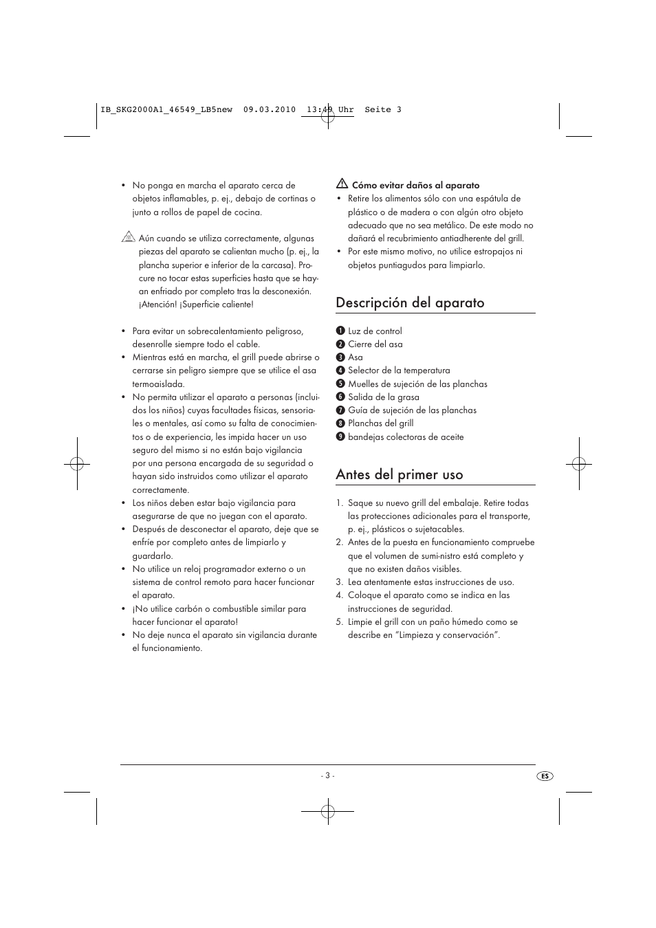 Descripción del aparato, Antes del primer uso | Silvercrest SKG 2000 A1 User Manual | Page 5 / 42