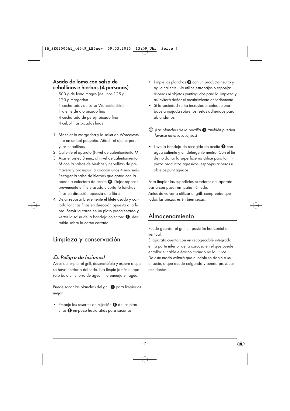 Limpieza y conservación, Almacenamiento | Silvercrest SKG 2000 A1 User Manual | Page 9 / 42