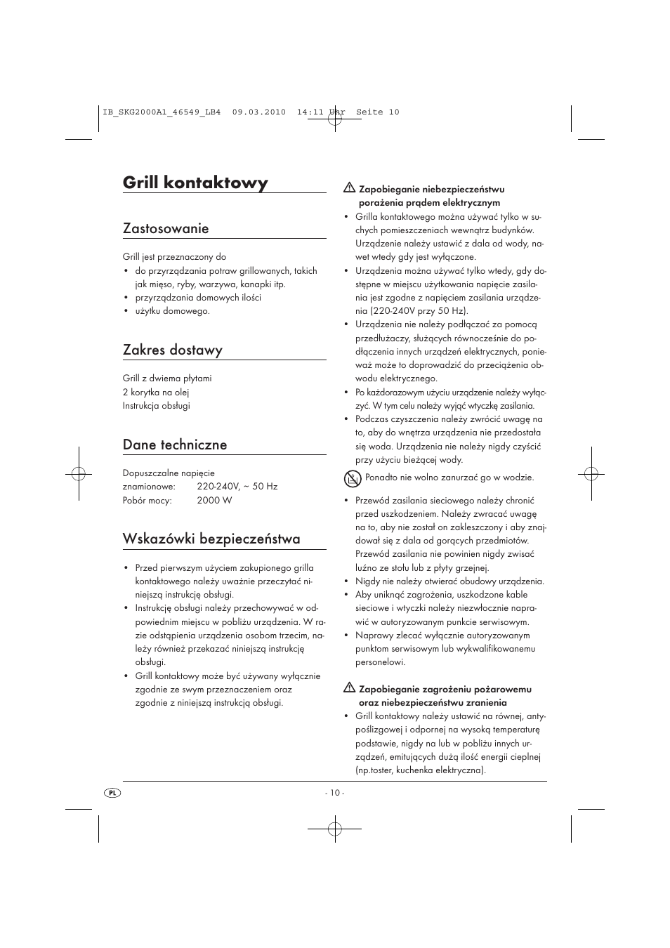 Grill kontaktowy, Zastosowanie, Zakres dostawy | Dane techniczne, Wskazówki bezpieczeństwa | Silvercrest SKG 2000 A1 User Manual | Page 12 / 66