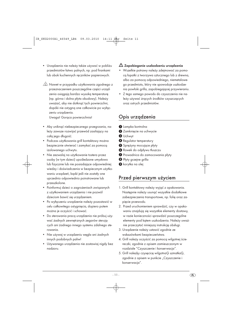 Opis urządzenia, Przed pierwszym użyciem | Silvercrest SKG 2000 A1 User Manual | Page 13 / 66