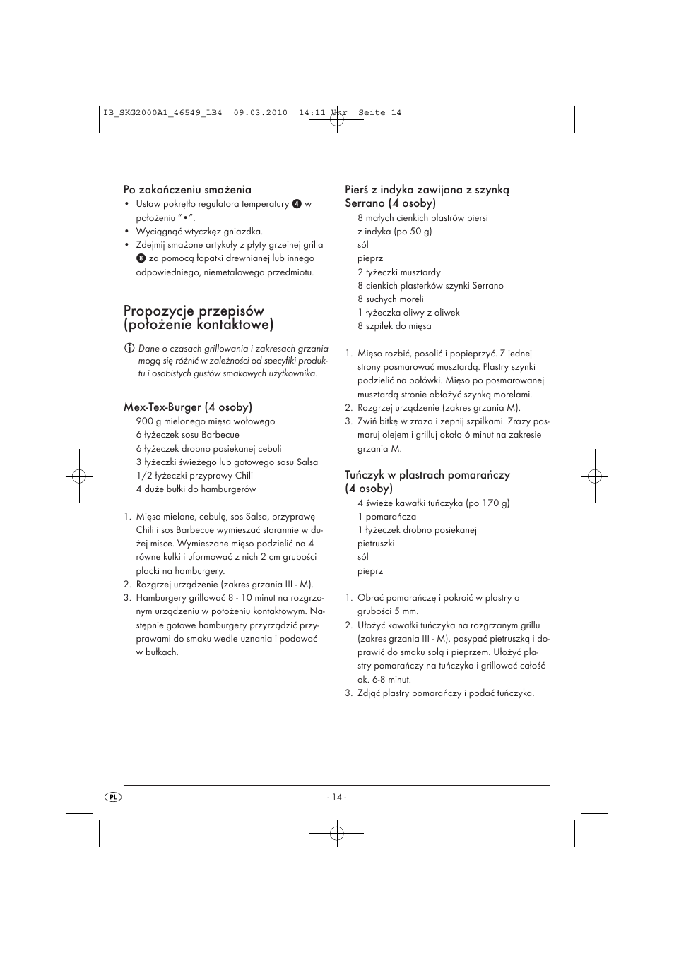 Propozycje przepisów (położenie kontaktowe) | Silvercrest SKG 2000 A1 User Manual | Page 16 / 66