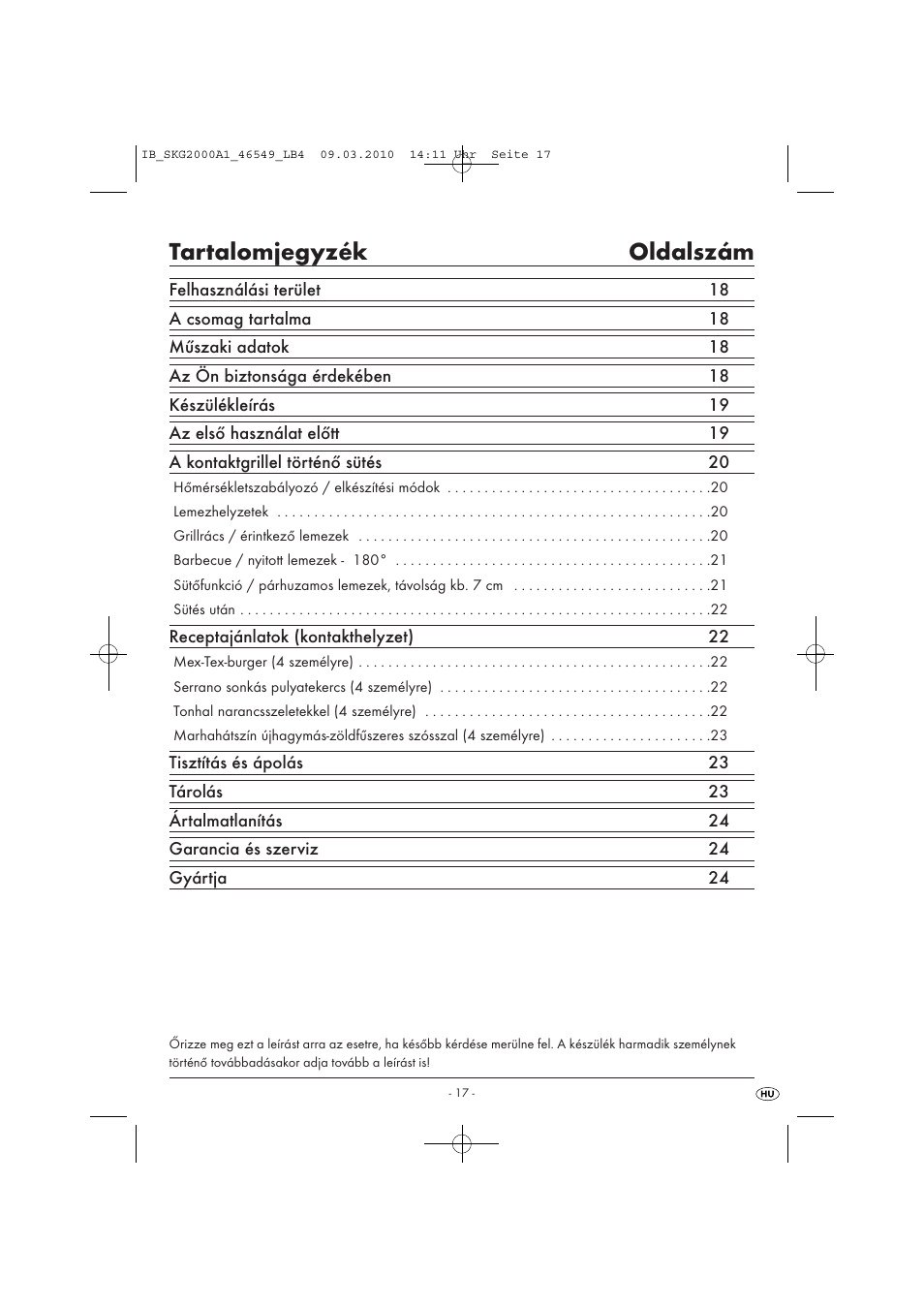 Tartalomjegyzék oldalszám | Silvercrest SKG 2000 A1 User Manual | Page 19 / 66