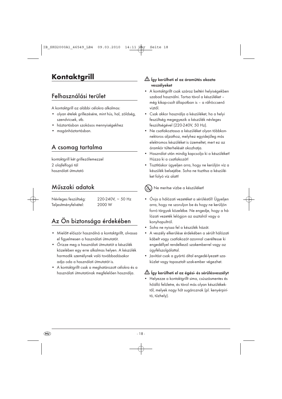 Kontaktgrill, Felhasználási terület, A csomag tartalma | Műszaki adatok, Az ön biztonsága érdekében | Silvercrest SKG 2000 A1 User Manual | Page 20 / 66