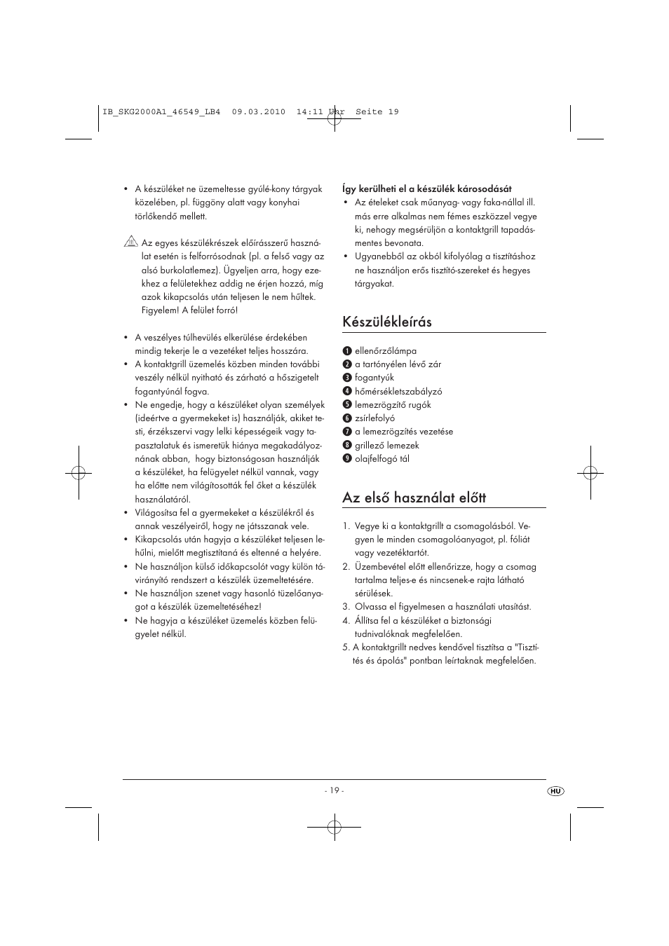 Készülékleírás, Az első használat előtt | Silvercrest SKG 2000 A1 User Manual | Page 21 / 66