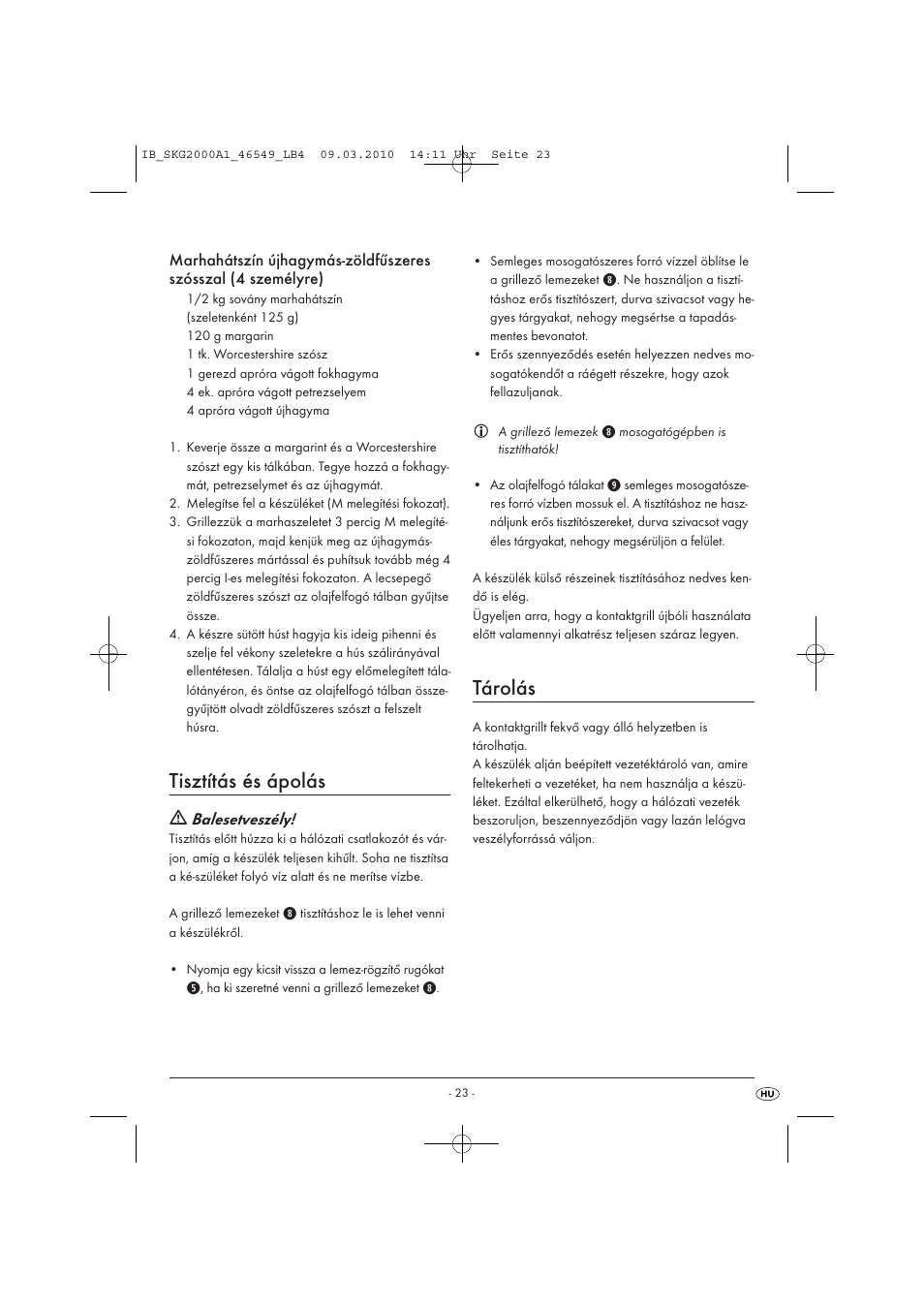 Tisztítás és ápolás, Tárolás | Silvercrest SKG 2000 A1 User Manual | Page 25 / 66