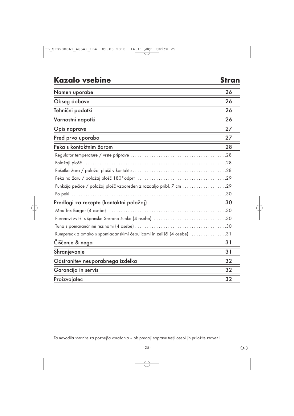 Kazalo vsebine stran | Silvercrest SKG 2000 A1 User Manual | Page 27 / 66