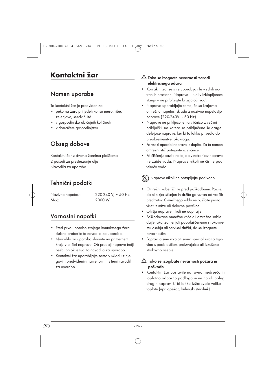 Kontaktni žar, Namen uporabe, Obseg dobave | Tehnični podatki, Varnostni napotki | Silvercrest SKG 2000 A1 User Manual | Page 28 / 66