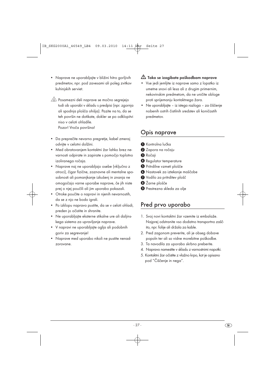 Opis naprave, Pred prvo uporabo | Silvercrest SKG 2000 A1 User Manual | Page 29 / 66