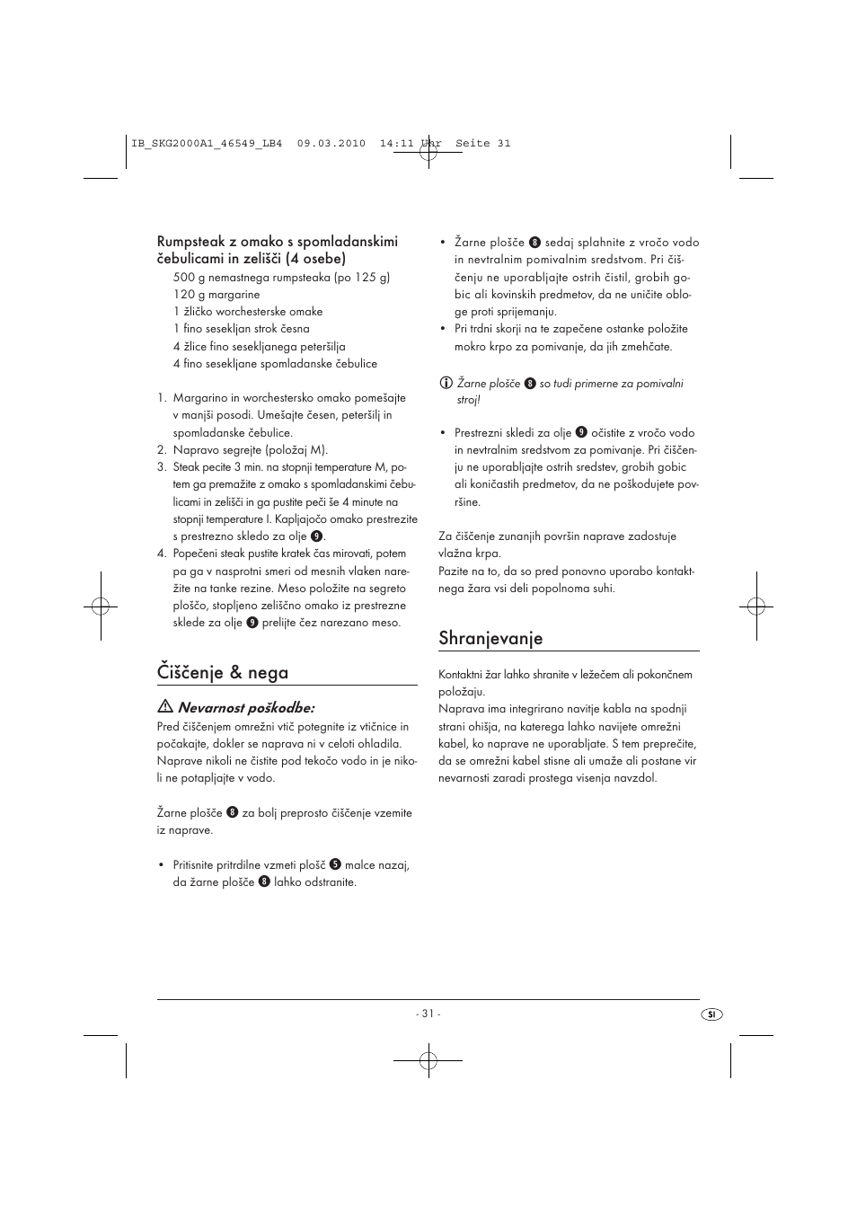 Čiščenje & nega, Shranjevanje | Silvercrest SKG 2000 A1 User Manual | Page 33 / 66