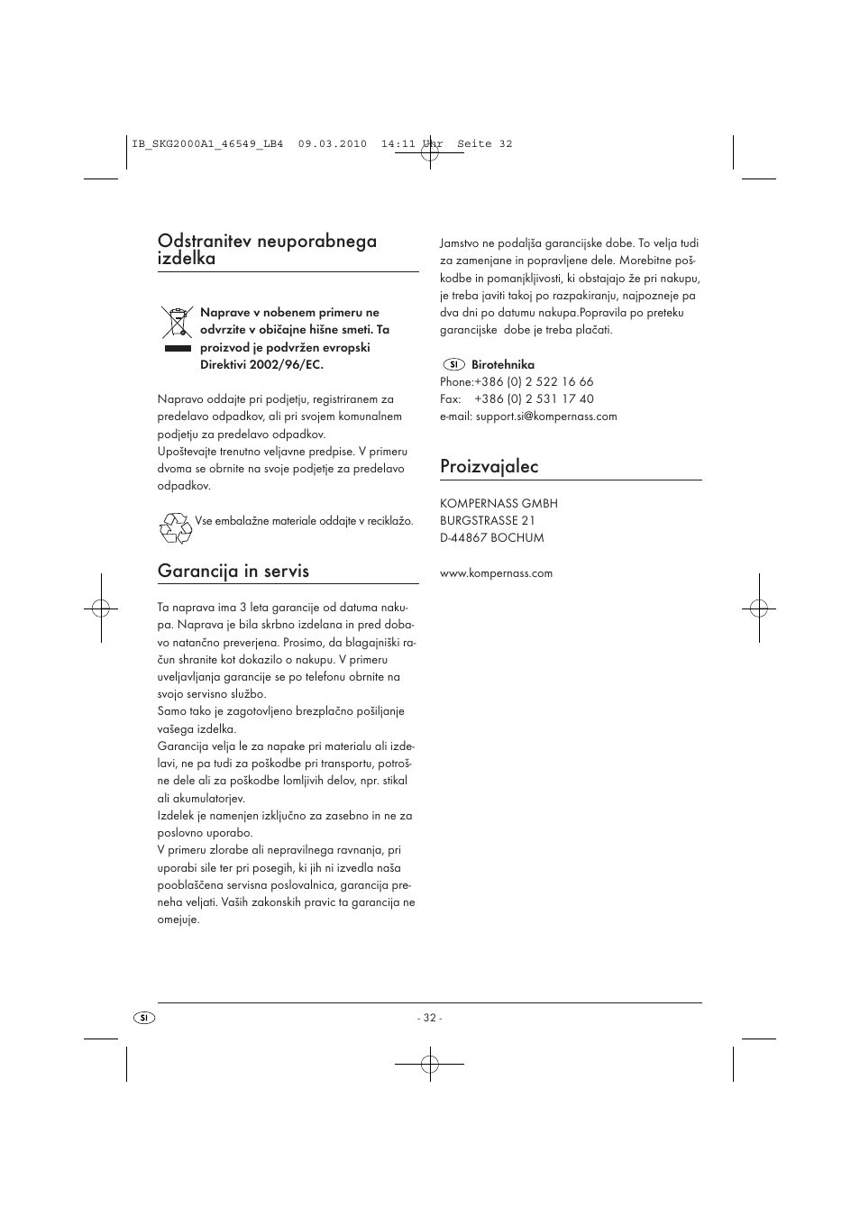 Odstranitev neuporabnega izdelka, Garancija in servis, Proizvajalec | Silvercrest SKG 2000 A1 User Manual | Page 34 / 66