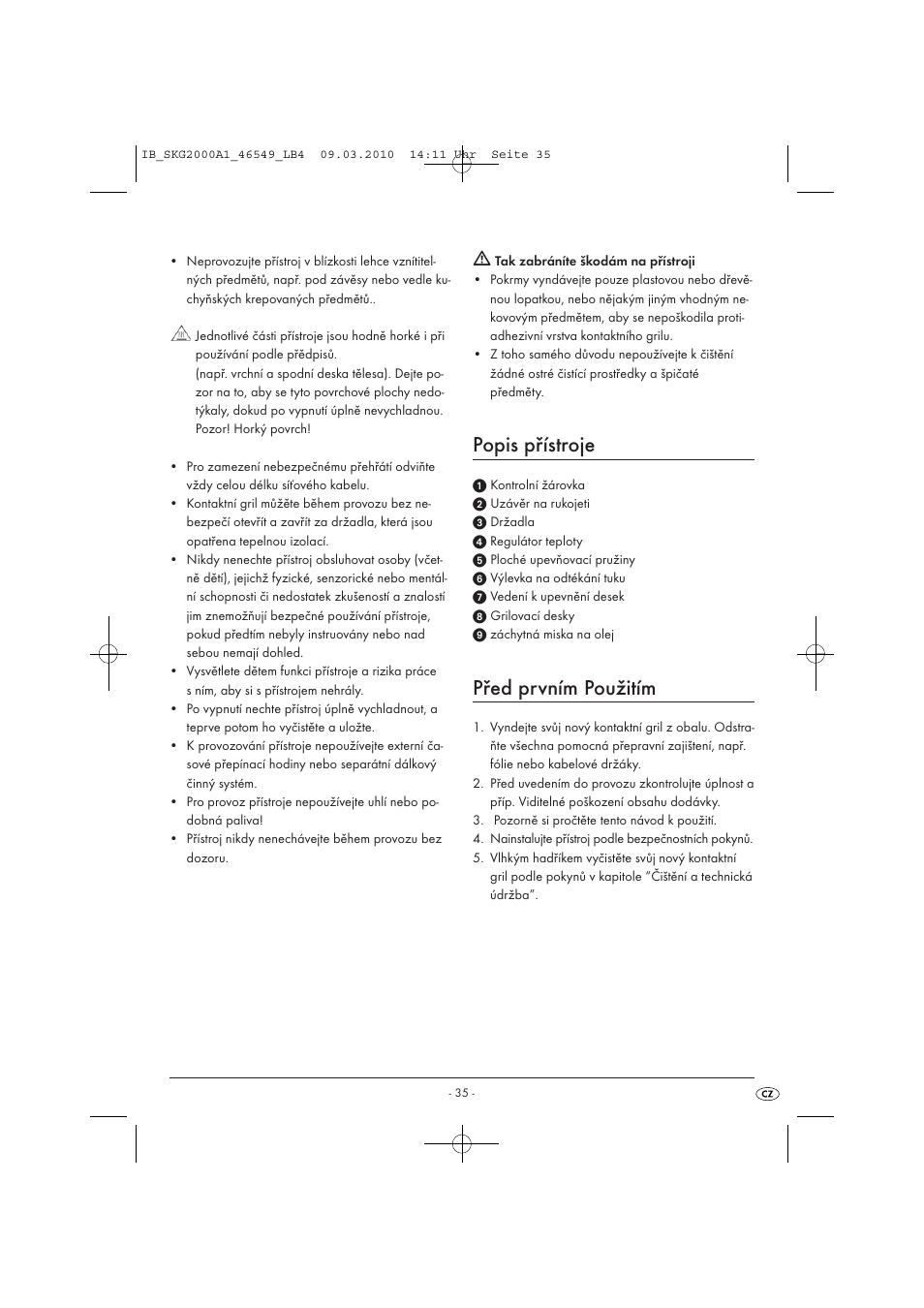 Popis přístroje, Před prvním použitím | Silvercrest SKG 2000 A1 User Manual | Page 37 / 66