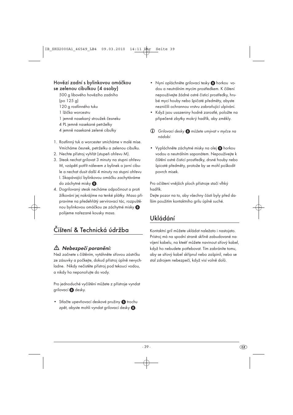 Čištení & technická údržba, Ukládání, Nebezpečí poranění | Silvercrest SKG 2000 A1 User Manual | Page 41 / 66