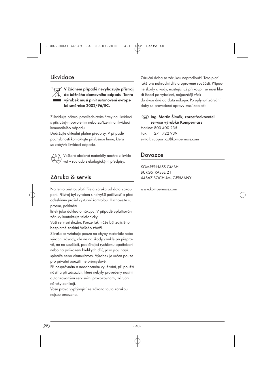 Likvidace, Záruka & servis, Dovozce | Silvercrest SKG 2000 A1 User Manual | Page 42 / 66