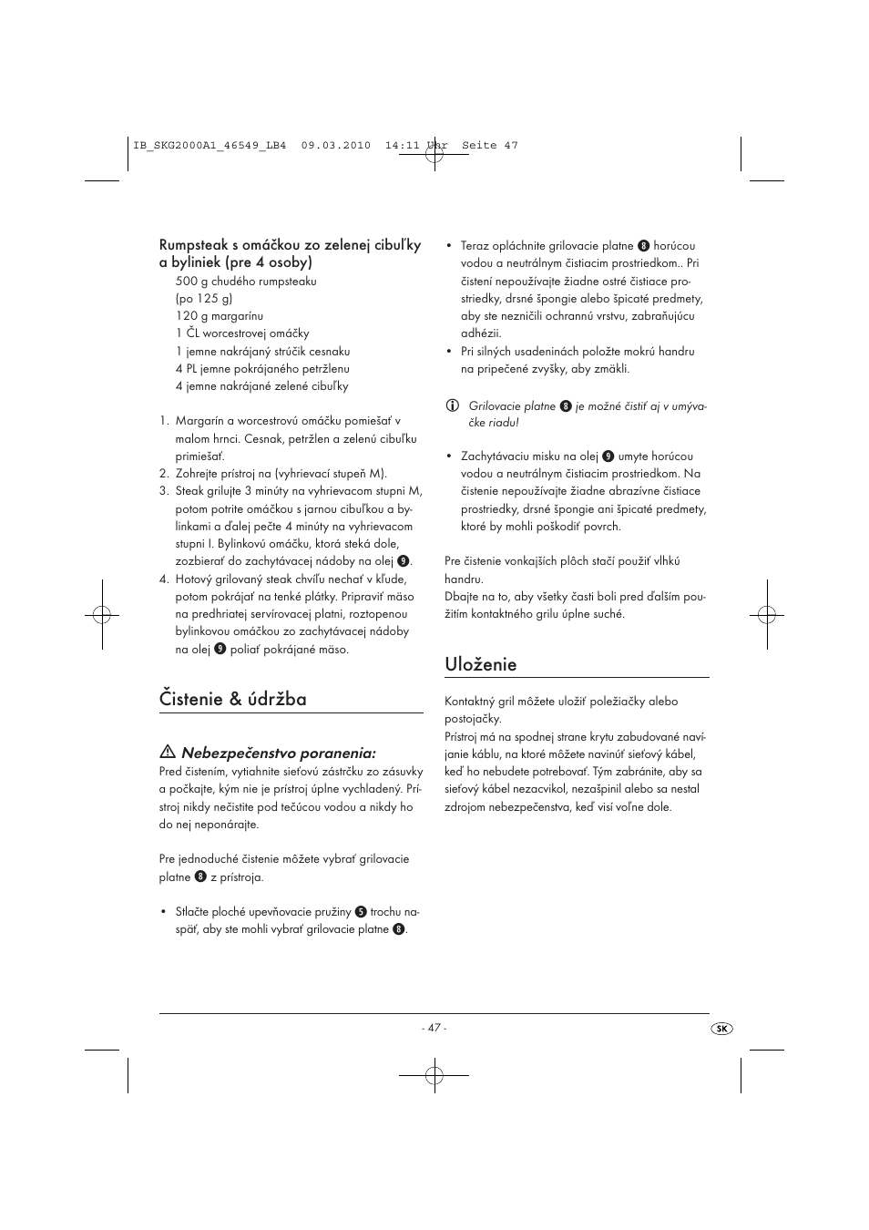 Čistenie & údržba, Uloženie | Silvercrest SKG 2000 A1 User Manual | Page 49 / 66