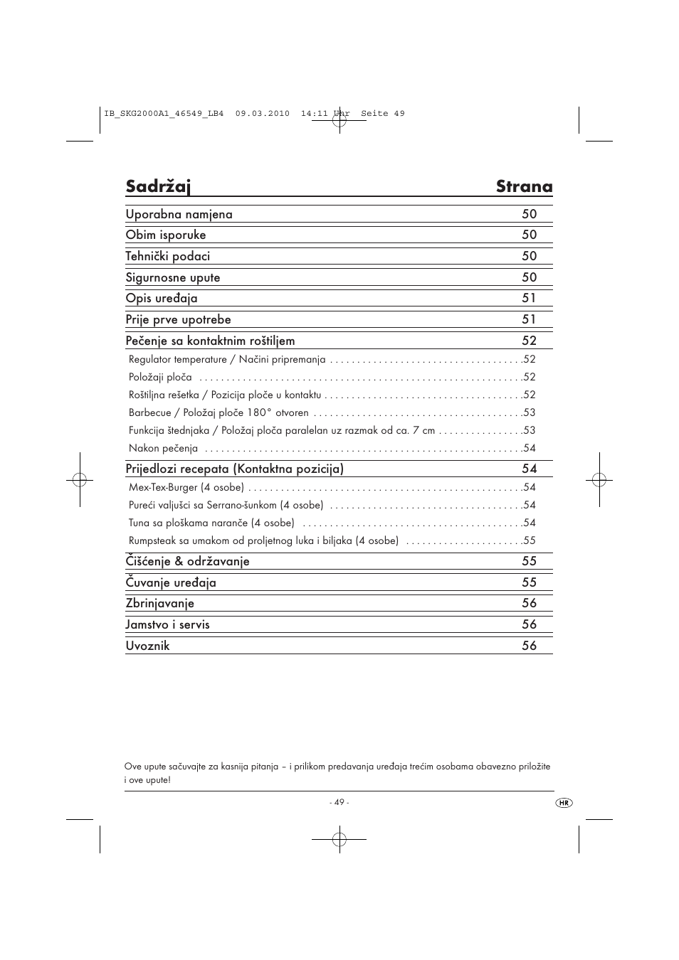 Sadrˇ zaj strana | Silvercrest SKG 2000 A1 User Manual | Page 51 / 66