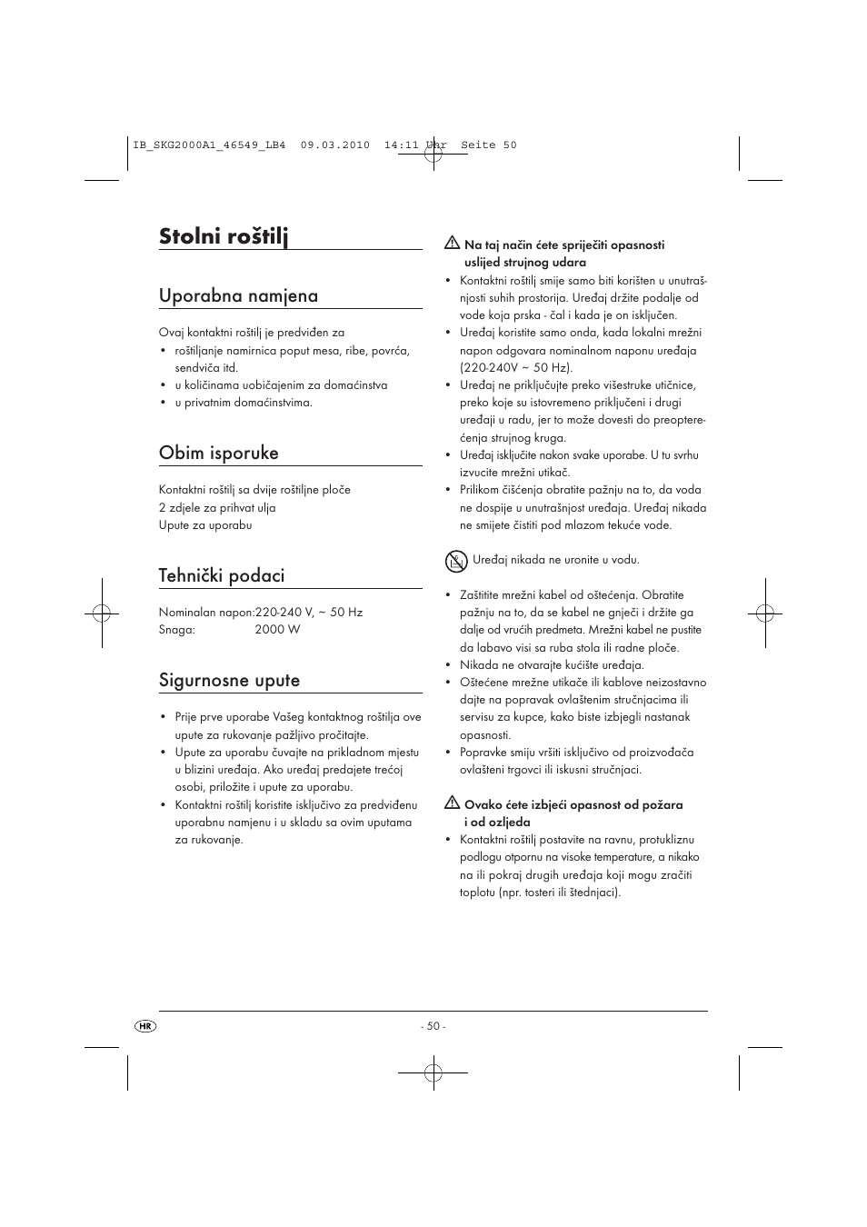 Stolni roštilj, Uporabna namjena, Obim isporuke | Tehnički podaci, Sigurnosne upute | Silvercrest SKG 2000 A1 User Manual | Page 52 / 66