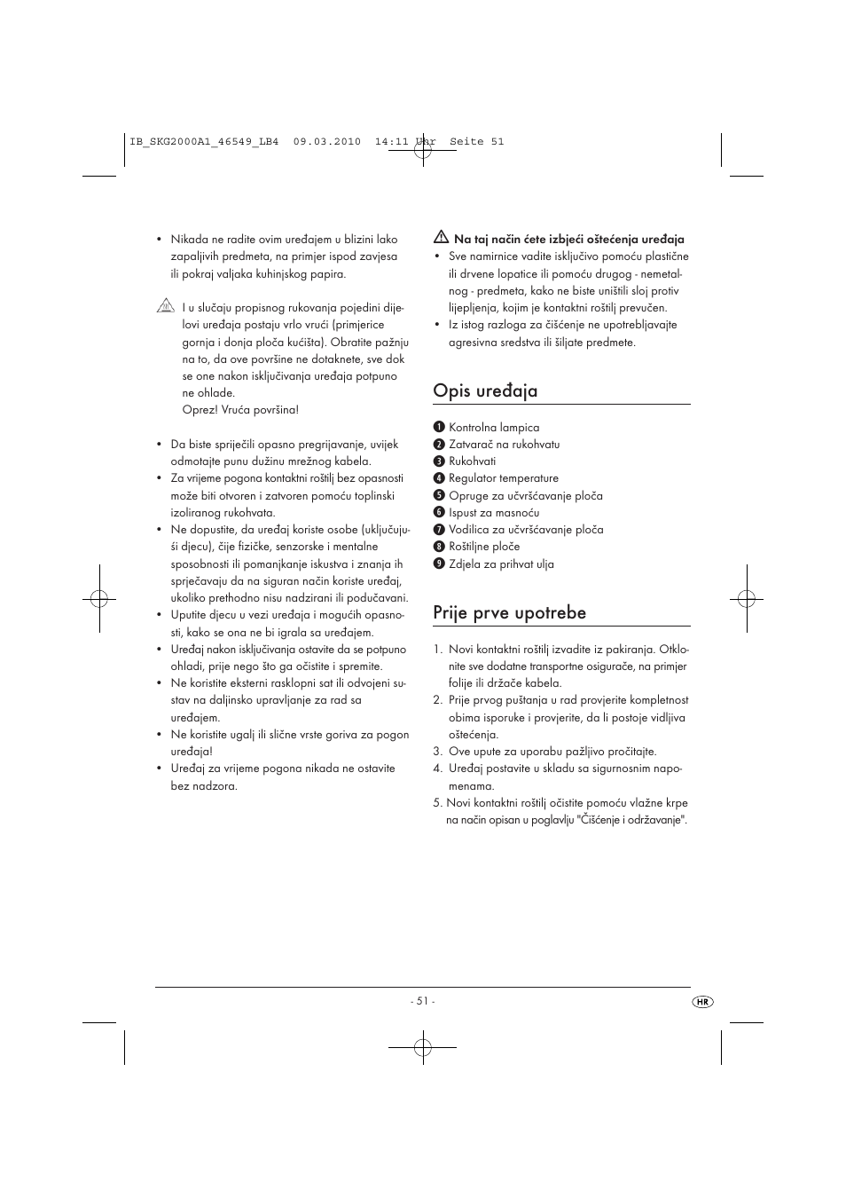 Opis uređaja, Prije prve upotrebe | Silvercrest SKG 2000 A1 User Manual | Page 53 / 66