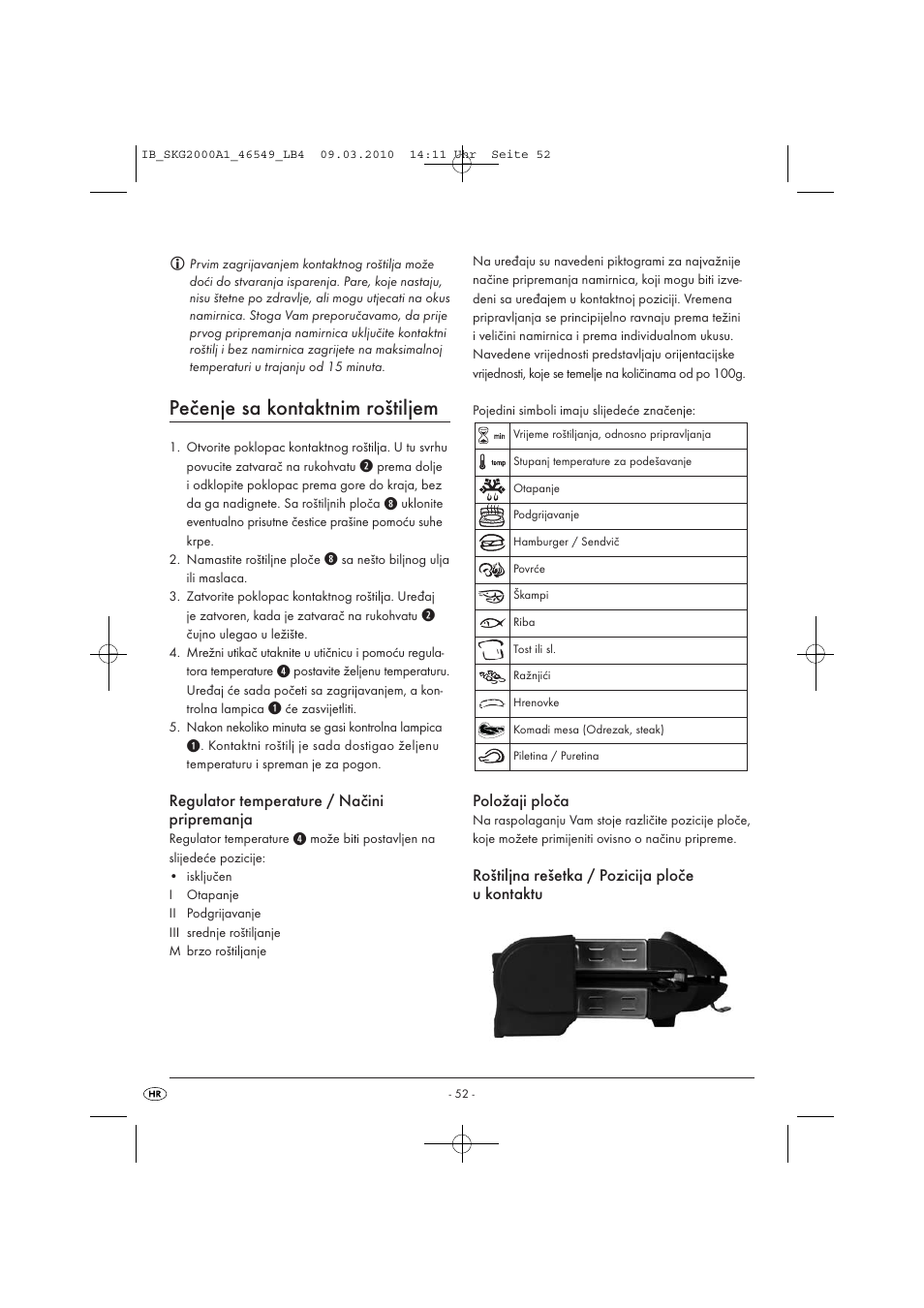 Pečenje sa kontaktnim roštiljem, Regulator temperature / načini pripremanja, Položaji ploča | Roštiljna rešetka / pozicija ploče u kontaktu | Silvercrest SKG 2000 A1 User Manual | Page 54 / 66