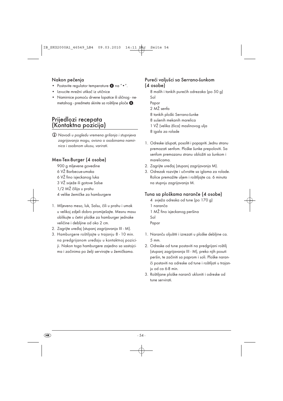 Prijedlozi recepata (kontaktna pozicija) | Silvercrest SKG 2000 A1 User Manual | Page 56 / 66