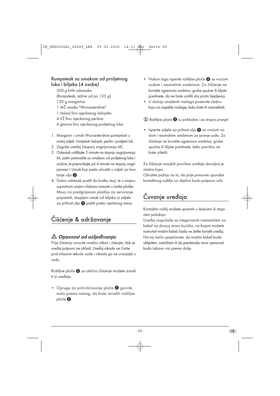 Čišćenje & održavanje, Čuvanje uređaja | Silvercrest SKG 2000 A1 User Manual | Page 57 / 66