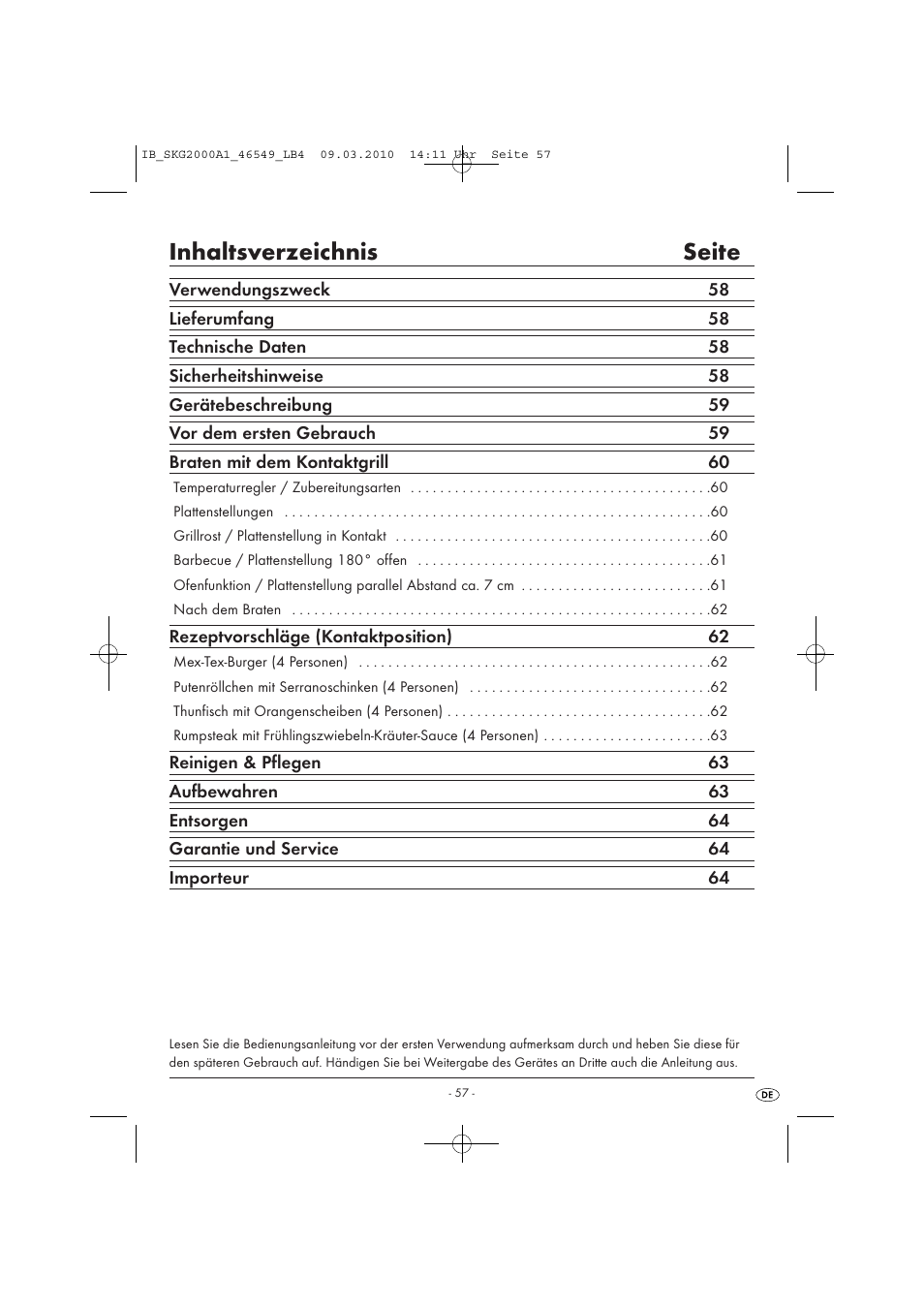 Inhaltsverzeichnis seite | Silvercrest SKG 2000 A1 User Manual | Page 59 / 66