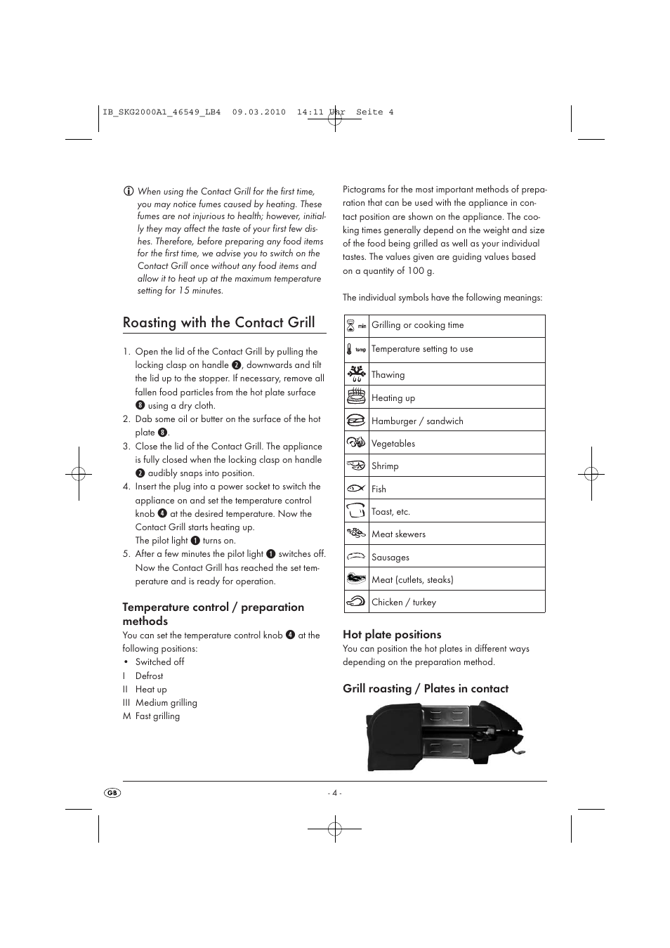 Roasting with the contact grill, Temperature control / preparation methods, Hot plate positions | Grill roasting / plates in contact | Silvercrest SKG 2000 A1 User Manual | Page 6 / 66