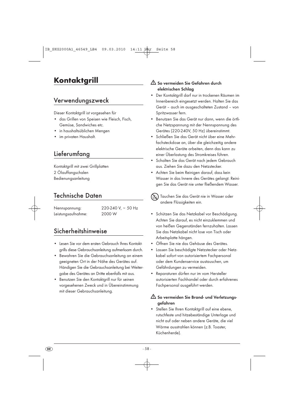 Kontaktgrill, Verwendungszweck, Lieferumfang | Technische daten, Sicherheitshinweise | Silvercrest SKG 2000 A1 User Manual | Page 60 / 66