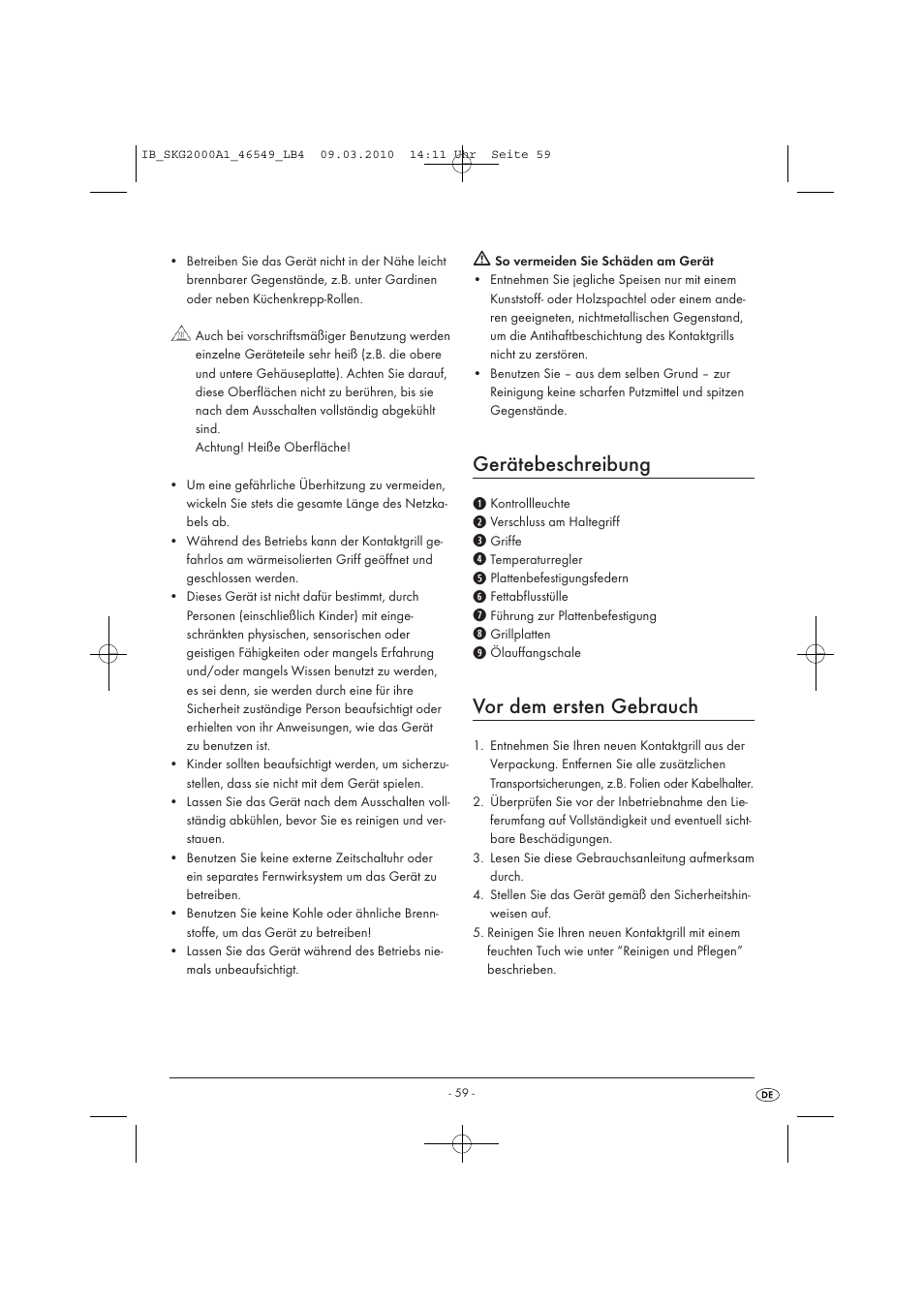 Gerätebeschreibung, Vor dem ersten gebrauch | Silvercrest SKG 2000 A1 User Manual | Page 61 / 66