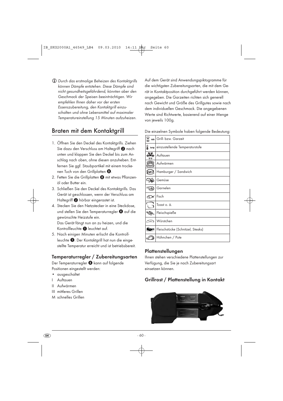 Braten mit dem kontaktgrill, Temperaturregler / zubereitungsarten, Plattenstellungen | Grillrost / plattenstellung in kontakt | Silvercrest SKG 2000 A1 User Manual | Page 62 / 66