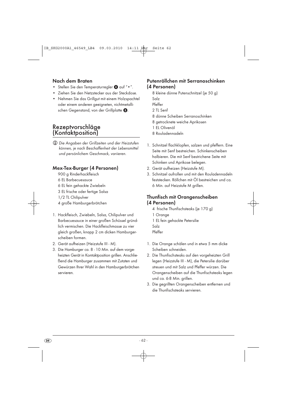 Rezeptvorschläge (kontaktposition) | Silvercrest SKG 2000 A1 User Manual | Page 64 / 66