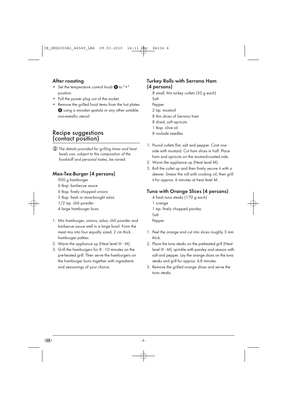 Recipe suggestions (contact position), After roasting, Mex-tex-burger (4 persons) | Turkey rolls with serrano ham (4 persons), Tuna with orange slices (4 persons) | Silvercrest SKG 2000 A1 User Manual | Page 8 / 66