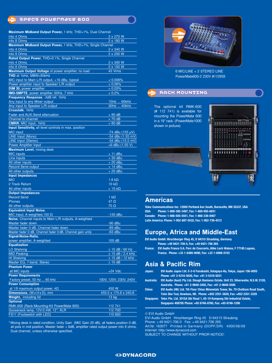 Americas, Europe, africa and middle-east, Asia & pacific rim | Dynacord PowerMate Powered Mixer User Manual | Page 8 / 8