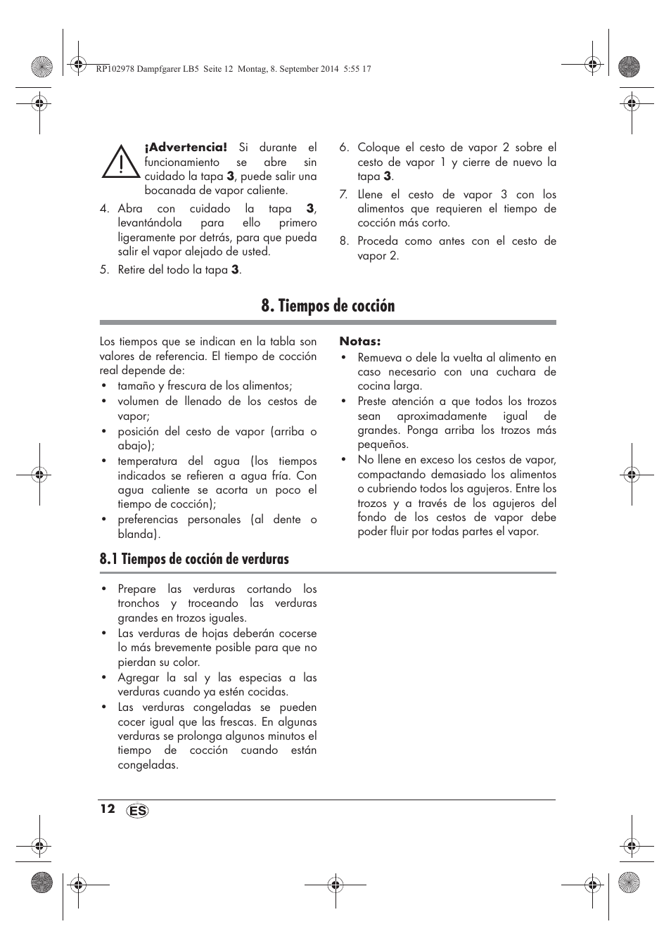 Tiempos de cocción, 1 tiempos de cocción de verduras | Silvercrest SDG 800 B2 User Manual | Page 14 / 98