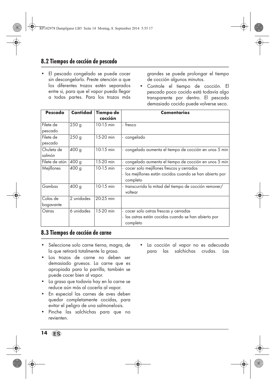 2 tiempos de cocción de pescado, 3 tiempos de cocción de carne | Silvercrest SDG 800 B2 User Manual | Page 16 / 98