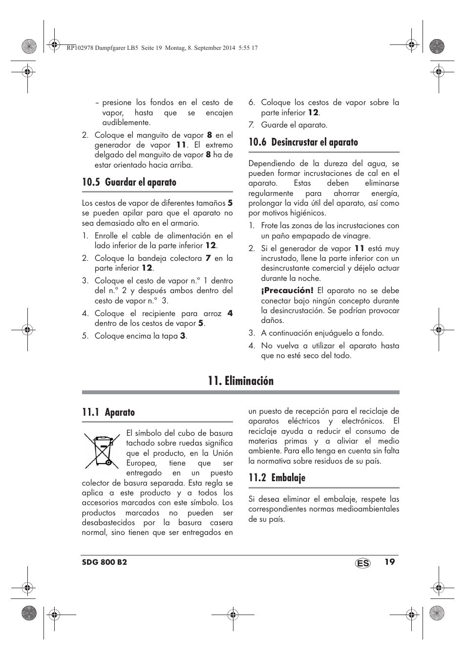 Eliminación, 5 guardar el aparato, 6 desincrustar el aparato | 1 aparato, 2 embalaje | Silvercrest SDG 800 B2 User Manual | Page 21 / 98