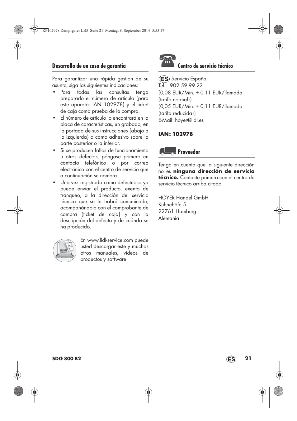 Desarrollo de un caso de garantía, Centro de servicio técnico, Proveedor | Silvercrest SDG 800 B2 User Manual | Page 23 / 98