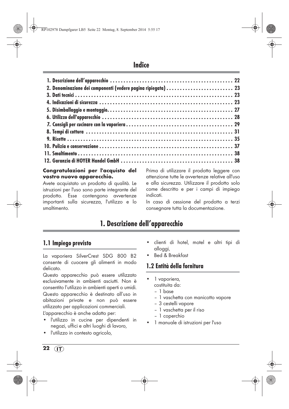 Indice, Descrizione dell’apparecchio, 1 impiego previsto | 2 entità della fornitura | Silvercrest SDG 800 B2 User Manual | Page 24 / 98