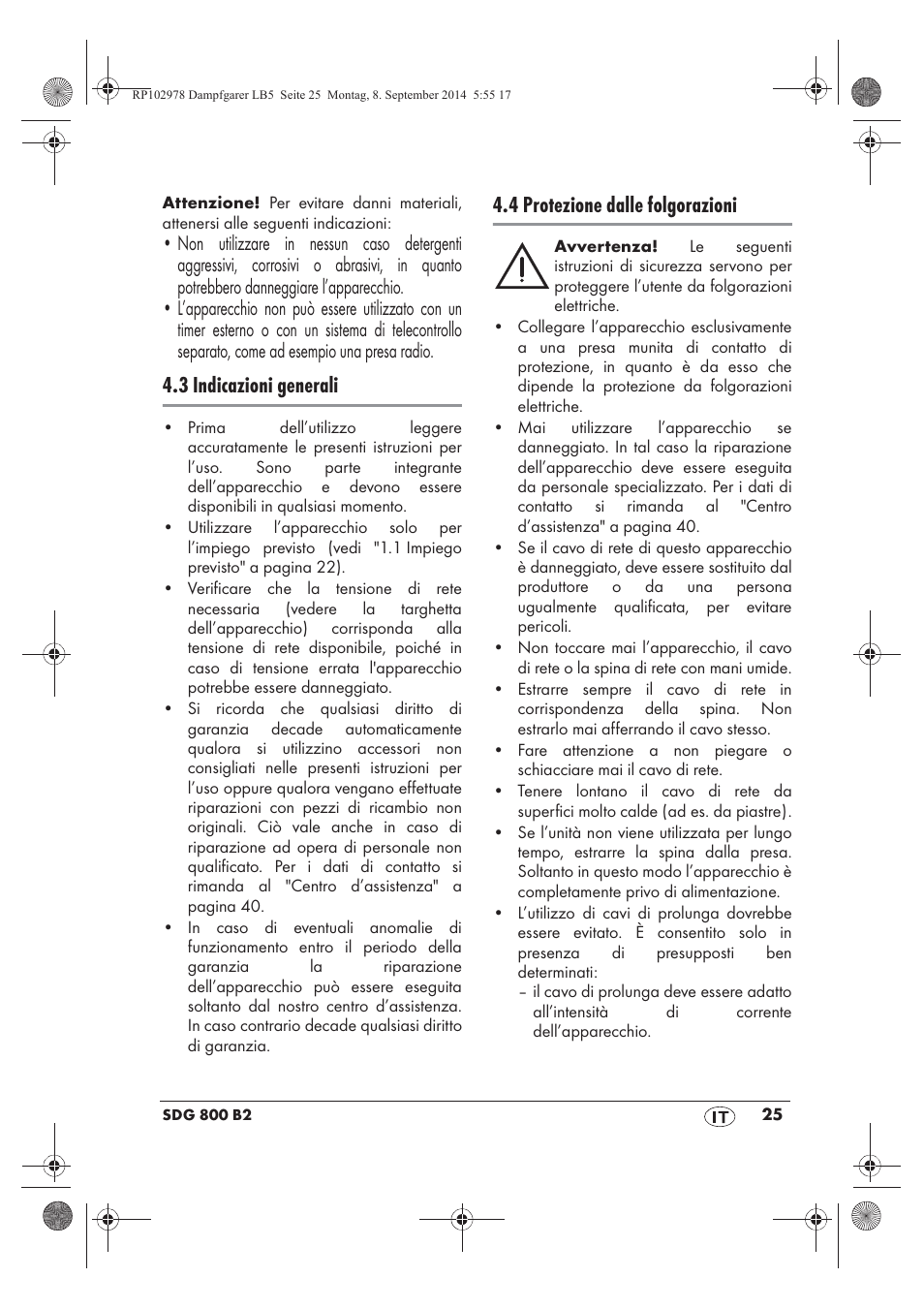 3 indicazioni generali, 4 protezione dalle folgorazioni | Silvercrest SDG 800 B2 User Manual | Page 27 / 98