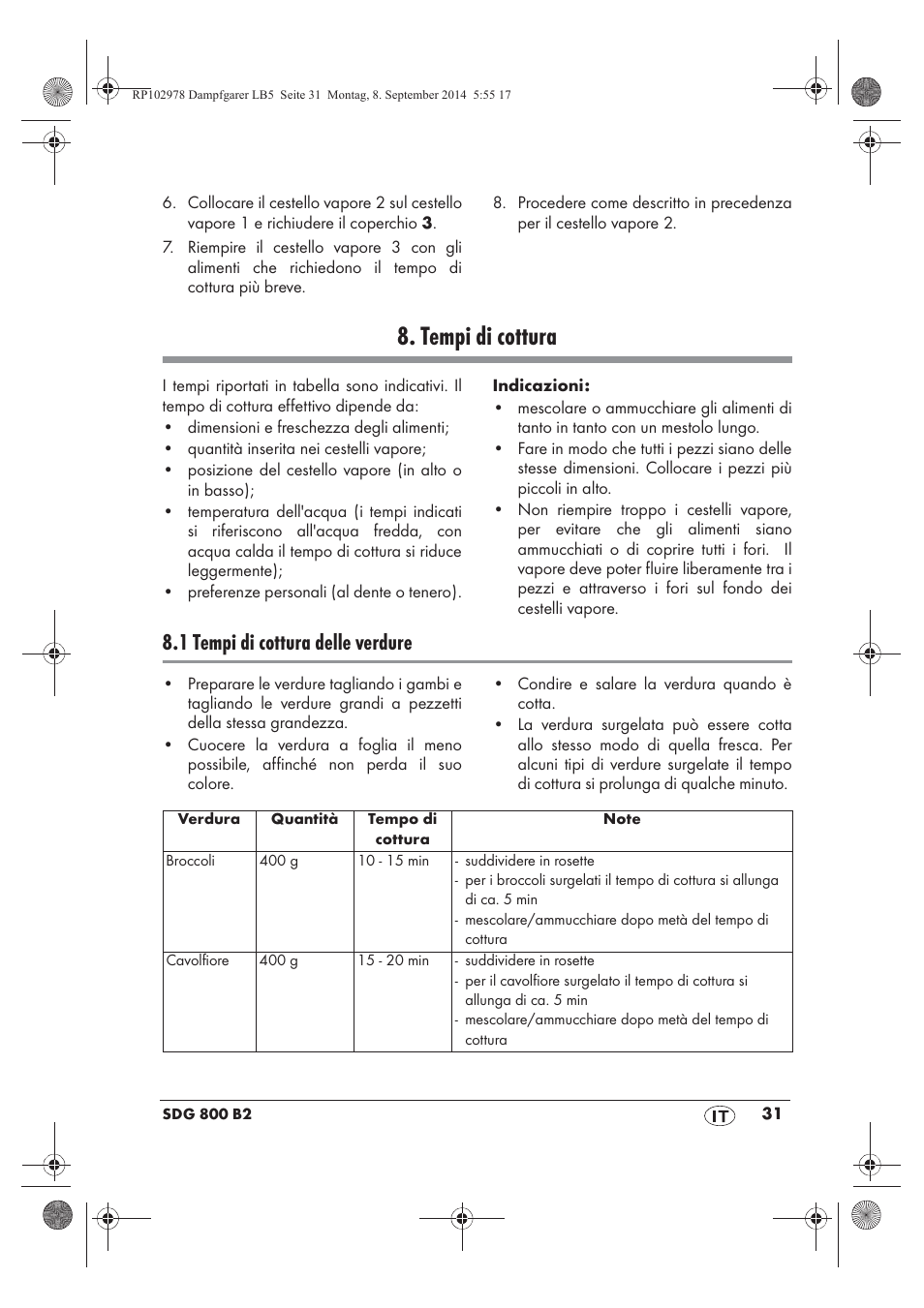 Tempi di cottura, 1 tempi di cottura delle verdure | Silvercrest SDG 800 B2 User Manual | Page 33 / 98