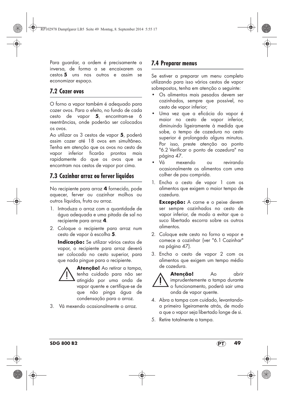 2 cozer ovos, 3 cozinhar arroz ou ferver líquidos, 4 preparar menus | Silvercrest SDG 800 B2 User Manual | Page 51 / 98