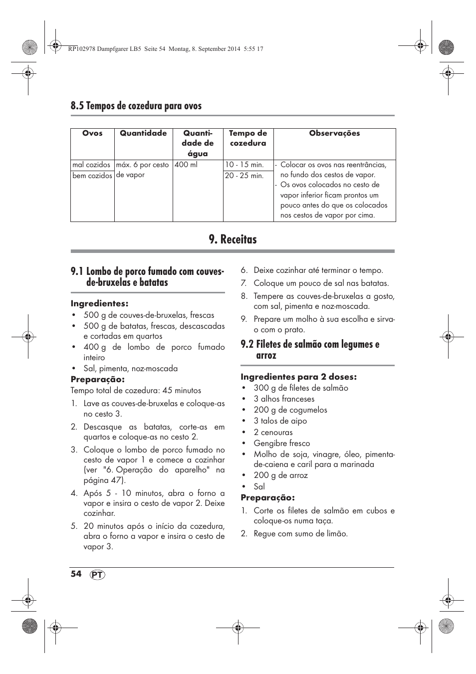 Receitas, 5 tempos de cozedura para ovos, 2 filetes de salmão com legumes e arroz | Silvercrest SDG 800 B2 User Manual | Page 56 / 98