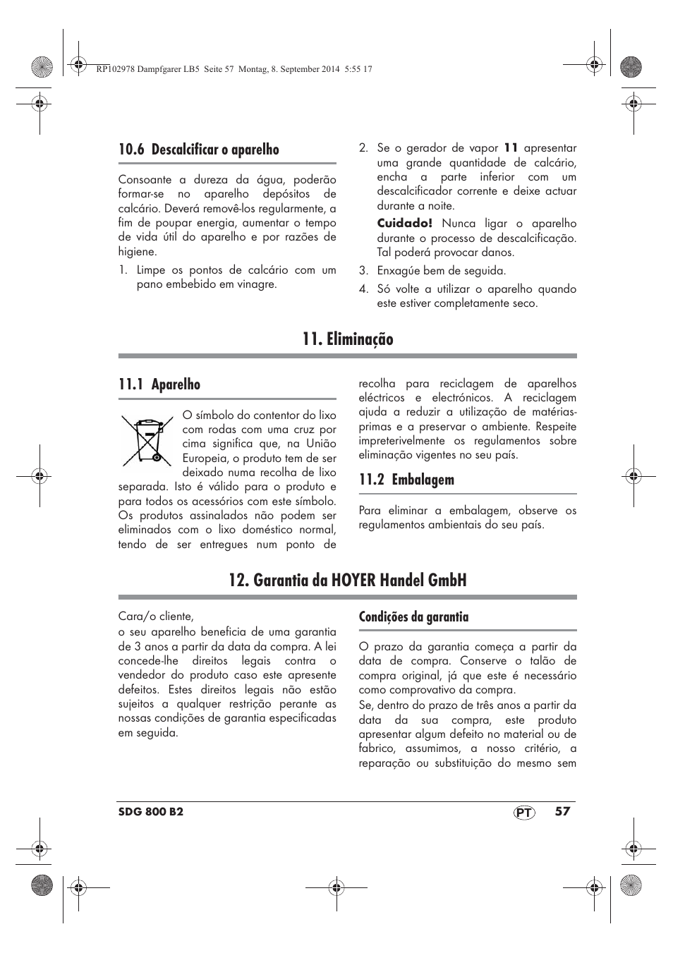 Eliminação, Garantia da hoyer handel gmbh, 6 descalcificar o aparelho | 1 aparelho, 2 embalagem | Silvercrest SDG 800 B2 User Manual | Page 59 / 98