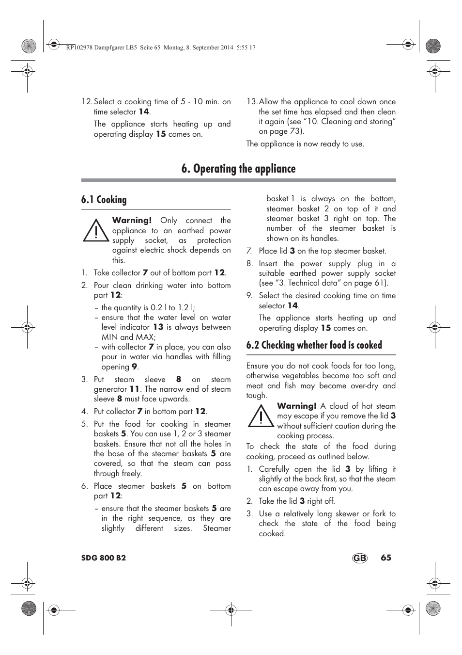 Operating the appliance, 1 cooking, 2 checking whether food is cooked | Silvercrest SDG 800 B2 User Manual | Page 67 / 98