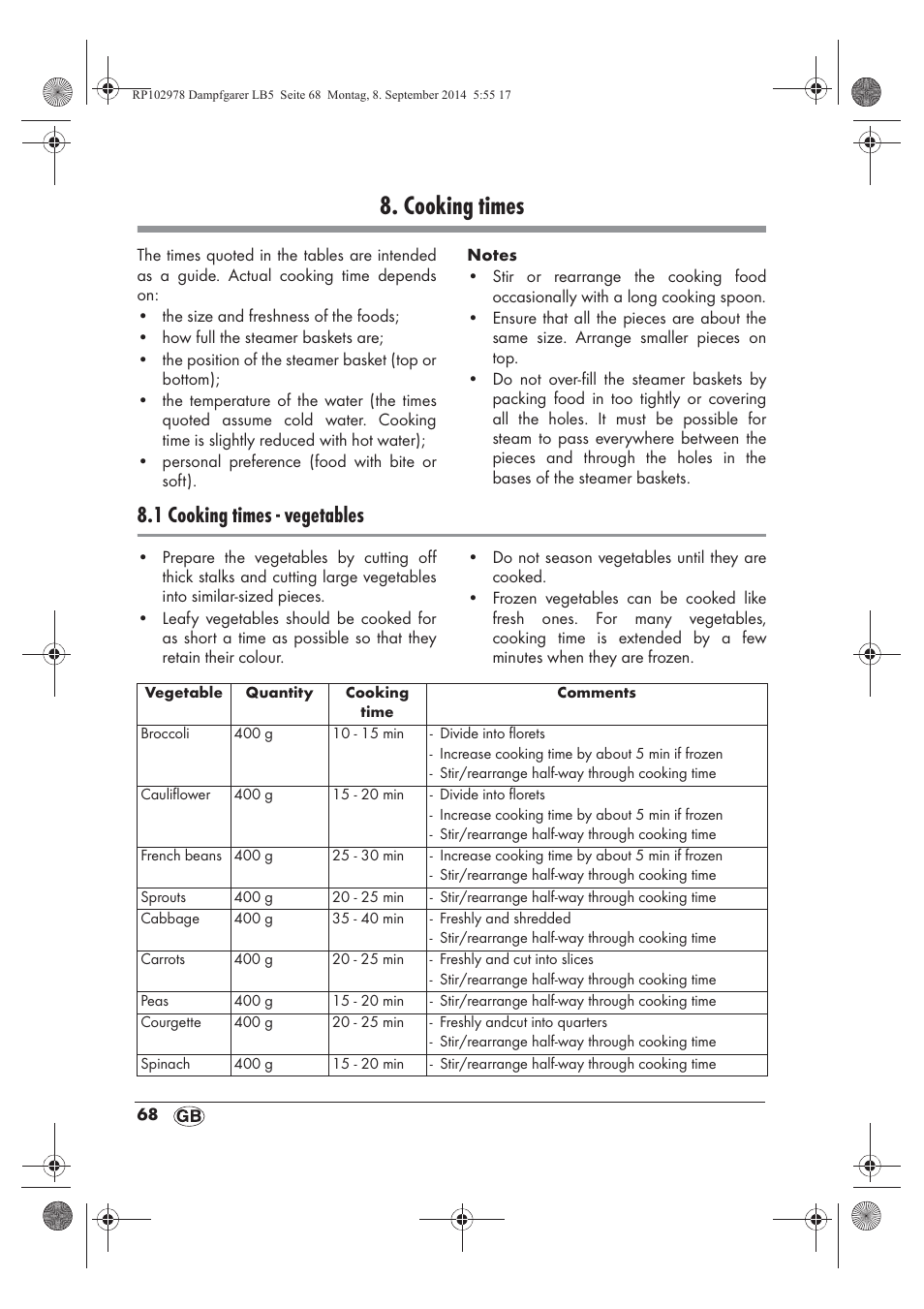 Cooking times, 1 cooking times - vegetables | Silvercrest SDG 800 B2 User Manual | Page 70 / 98