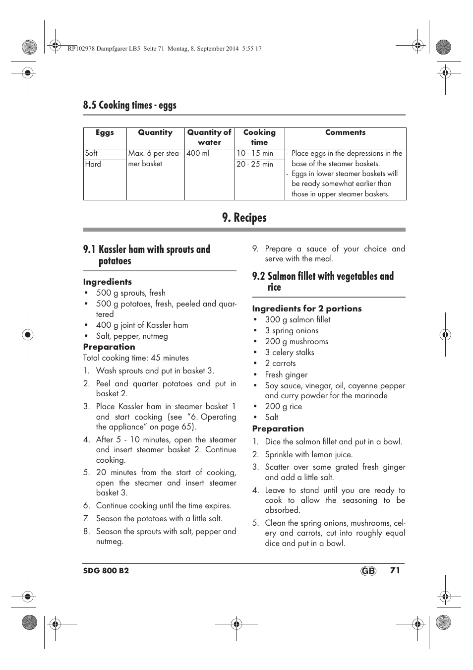 Recipes, 5 cooking times - eggs, 1 kassler ham with sprouts and potatoes | 2 salmon fillet with vegetables and rice | Silvercrest SDG 800 B2 User Manual | Page 73 / 98