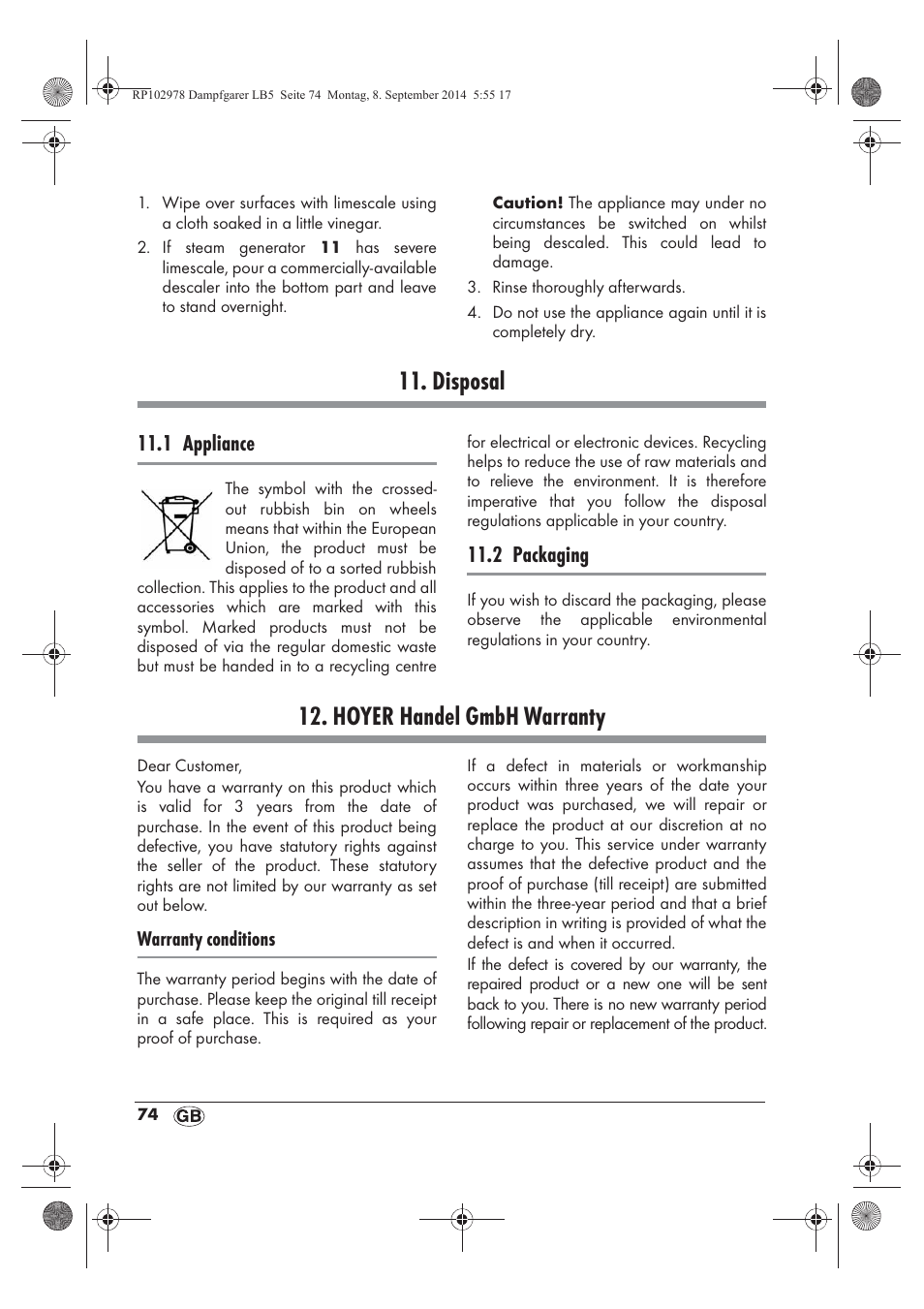 Disposal, Hoyer handel gmbh warranty, 1 appliance | 2 packaging | Silvercrest SDG 800 B2 User Manual | Page 76 / 98