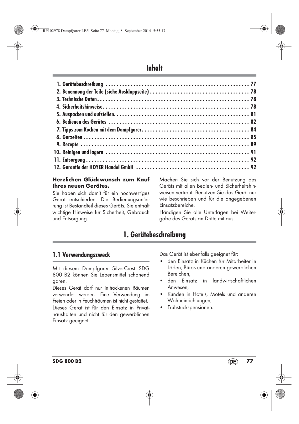 Inhalt, Gerätebeschreibung, 1 verwendungszweck | Silvercrest SDG 800 B2 User Manual | Page 79 / 98
