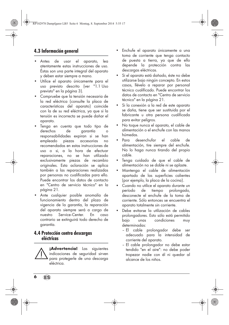 3 información general, 4 protección contra descargas eléctricas | Silvercrest SDG 800 B2 User Manual | Page 8 / 98