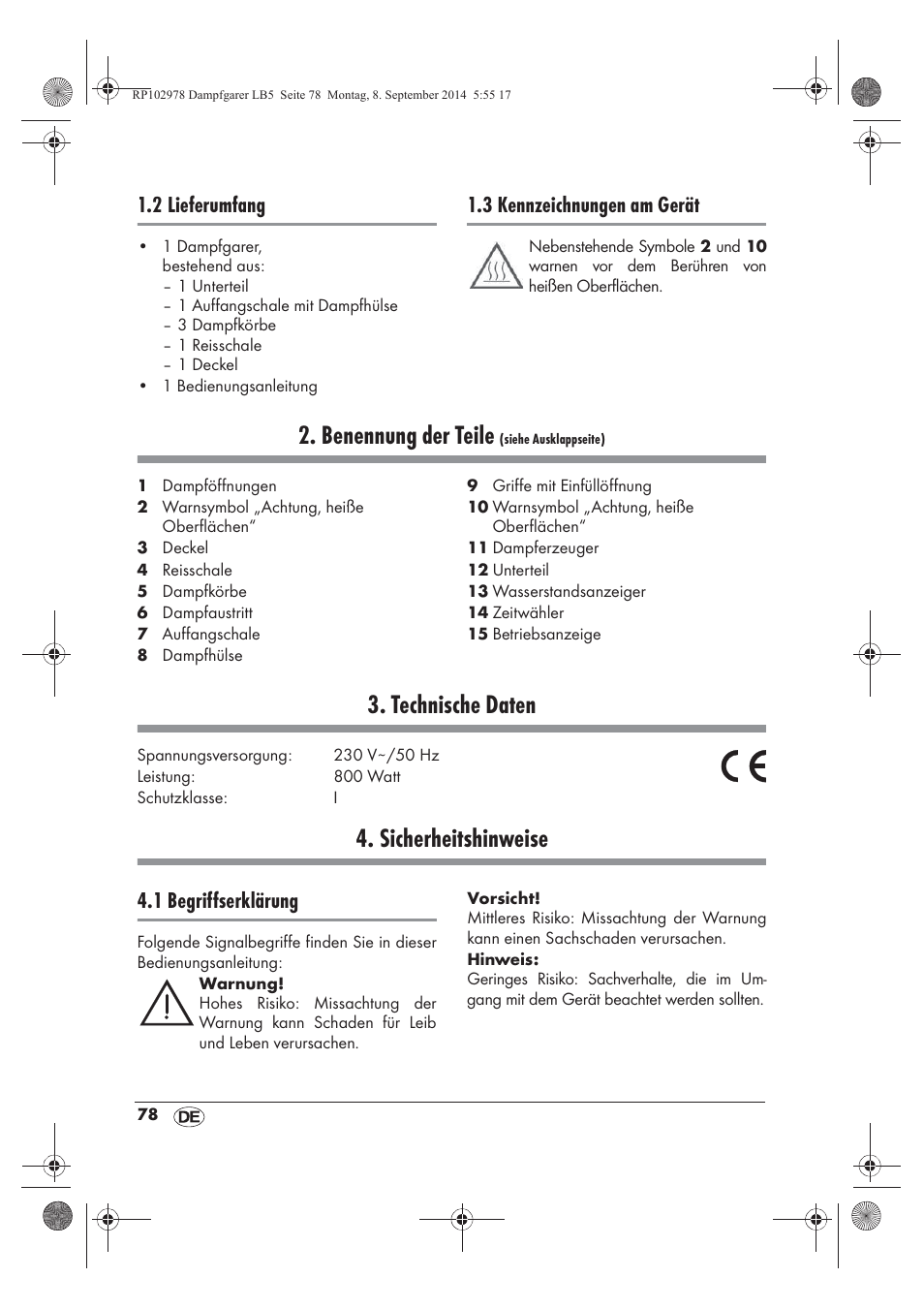 Benennung der teile, Technische daten, Sicherheitshinweise | 2 lieferumfang, 3 kennzeichnungen am gerät, 1 begriffserklärung | Silvercrest SDG 800 B2 User Manual | Page 80 / 98